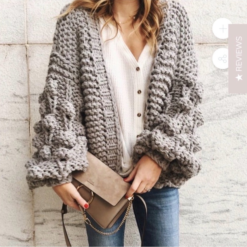 Goodnight Macaroon Pom Pom Chunky Knit Gray Sweater Cardigan One Size